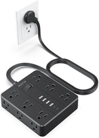 Flat Plug Power Strip, AOFO 5 Ft Extension Cord with 12 Outlets & 6 USB Ports (4 USB-A, 2 USB-C), Surge Protector, Ideal for Home, Office, Dorm, Large Spaces, Reliable and Safe, Black