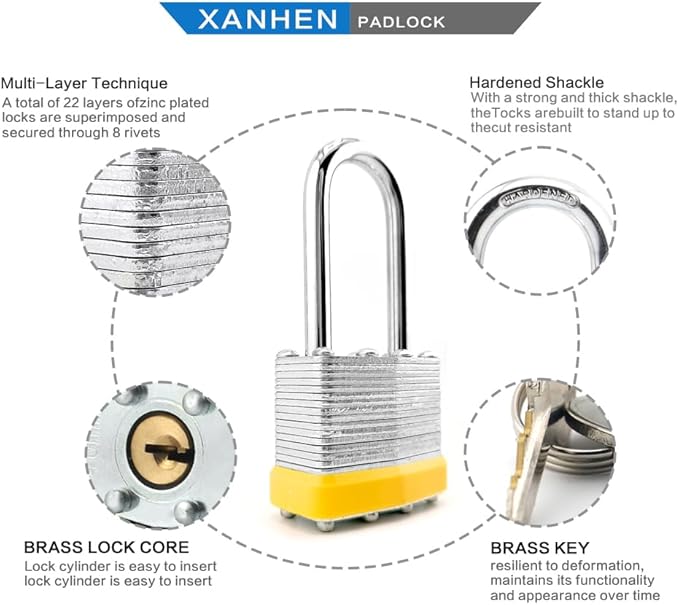 Keyed Alike Laminated Steel Padlocks with Long Shackle for Sheds, Fences & Lockers (24-Pack)