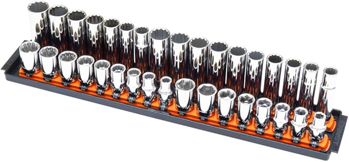 Ernst Manufacturing 8488 Socket Boss, Premium 2-Rail, 1/2 Inch-Drive Socket Organizer, 18-Inch, Orange - Made in USA