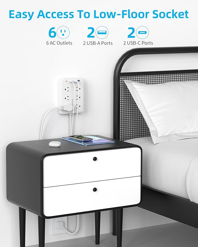 5 FT Flat Plug Extension with 4 USB(2 USB C), 6 AC Outlets Multiple Plug Expander Wall Charger, Ultra Thin Extension Cord, Power Strip Surge Protector for Home Office Kitchen. White