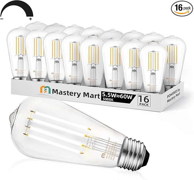 MASTERY MART 16 Pack Vintage Edison Bulbs, E26 Led Bulb 5.5W Equivalent to 60W, Dimmable, 5000K Daylight White, High Brightness Antique ST58, Clear Glass