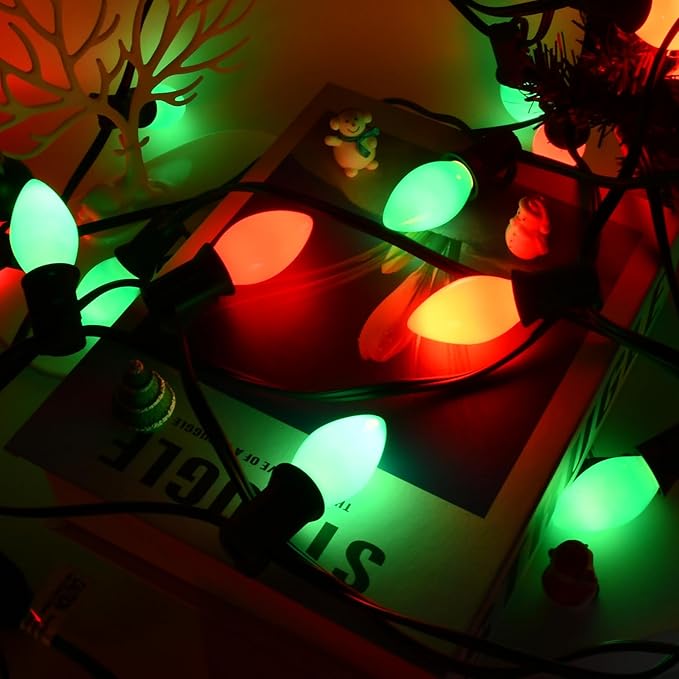 25 Pack C7 Red and Green Christmas Lights Replacement Ceramic Bulbs, Red Green Christmas Lights C7 Bulbs for Christmass Day, Party and Wedding Decorations, E12 Candelabra Base, 5 Watts