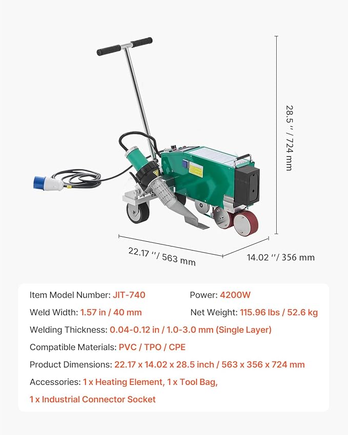 VEVOR Roofing Hot Air Welder, 4200W 220V High Power Plastic PVC TPO CPE Welding Machine - 1.57" Welding Width 0.04-0.12" Thickness, 68 ℉-1202 ℉ Heat Roofing Welding Tool, for Waterproofing Advertising