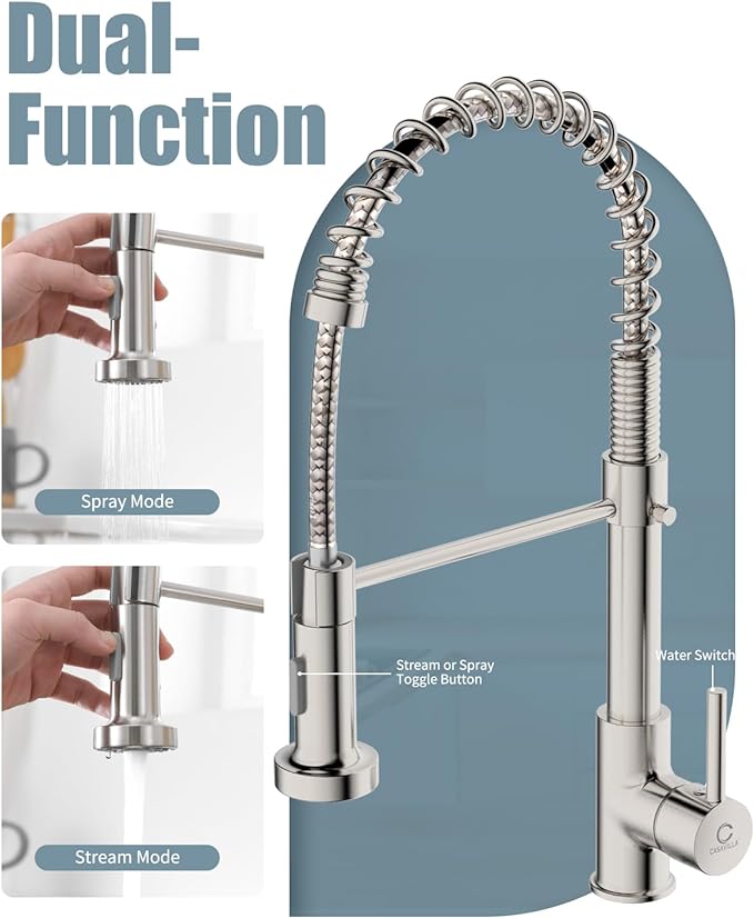 Kitchen Faucet, Commercial Kitchen Sink Faucets with Pull Down Sprayer, Stainless Steel Faucets for Kitchen Sinks, Dual Function Spray Head, Single Handle Spring Kitchen Faucets -Brushed Nickel