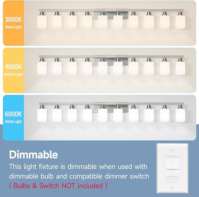 10-Light Bathroom Vanity Light Brushed Nickel,64.5in Vanity Lights with Square Frosted Glass,Modern Bathroom Wall Lights Fixtures Over Mirror,Wall Sconces Lighting for Bedroom Living Room,E26