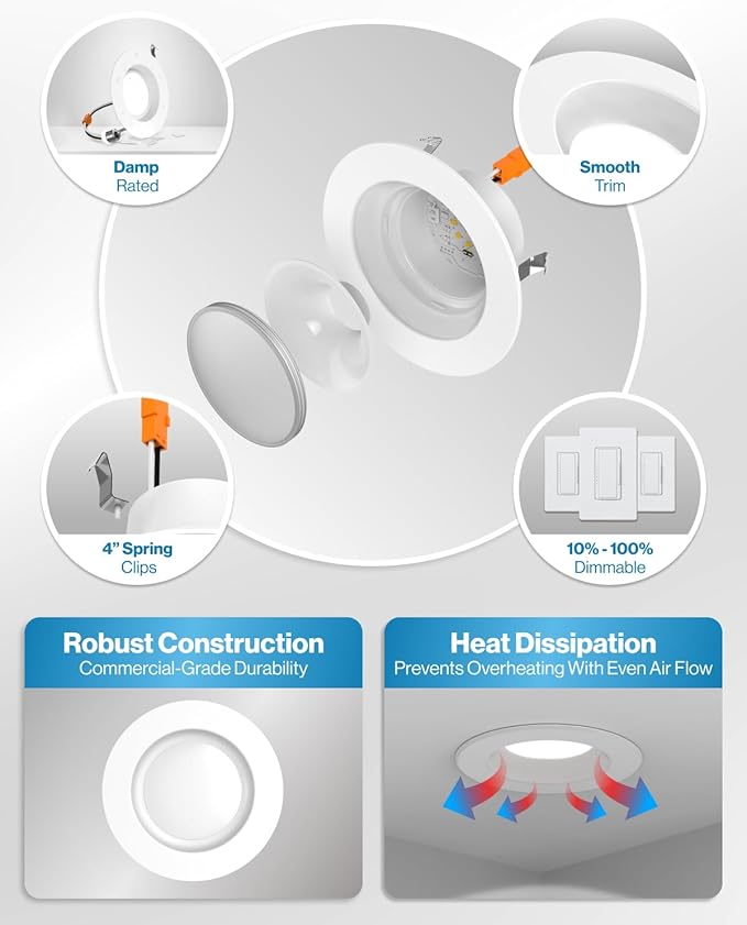 Sunco 10 Pack 4 Inch LED Recessed Lights Retrofit, Dimmable Can Lighting, 660 LM, 11W (40W Equivalent), Selectable CCT 2700K/3000K/3500K/4000K/5000K, Smooth Trim, Damp Rated UL