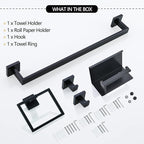 TNOMS Black Towel Bar Set 5-Piece Bathroom Hardware Set Including 23.6 Inch Towel Bar,Towel Ring Towel Hook and Toilet Paper Holder with Shelf,Stainless Steel Bathroom Accessories Set