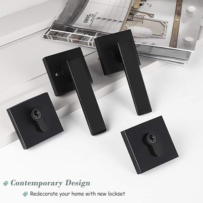 2 Pack Keyed Entry Door Lock with Deadbolt Set, Reversible Passage Lever and Keyed Alike Double Cylinder Deadbolt, Matte Black Square Handleset for Bedroom, Front Door