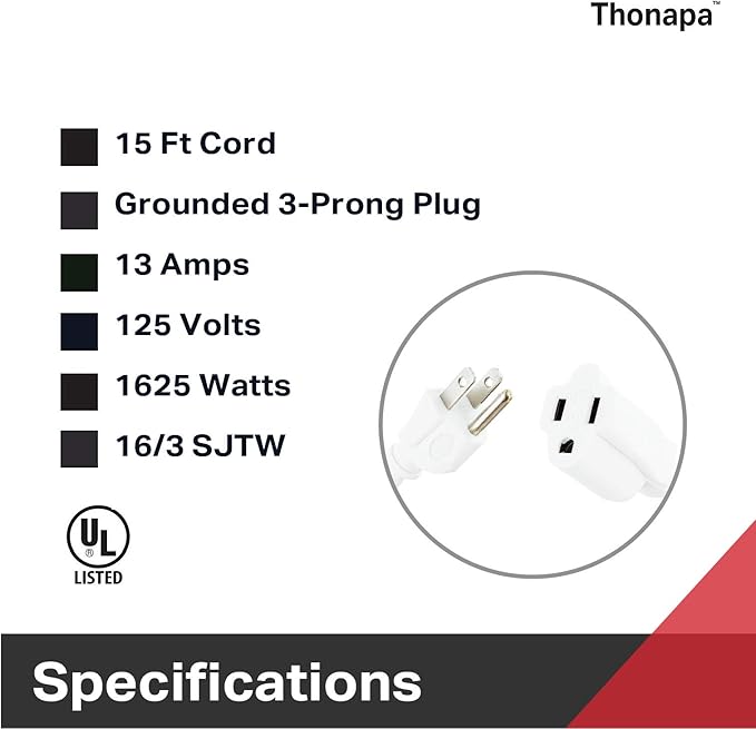 15 Ft Extension Cord with 3 Prong - White Extension Cord 15ft - 16/3 SJTW Electrical Cable Great for Home & Office