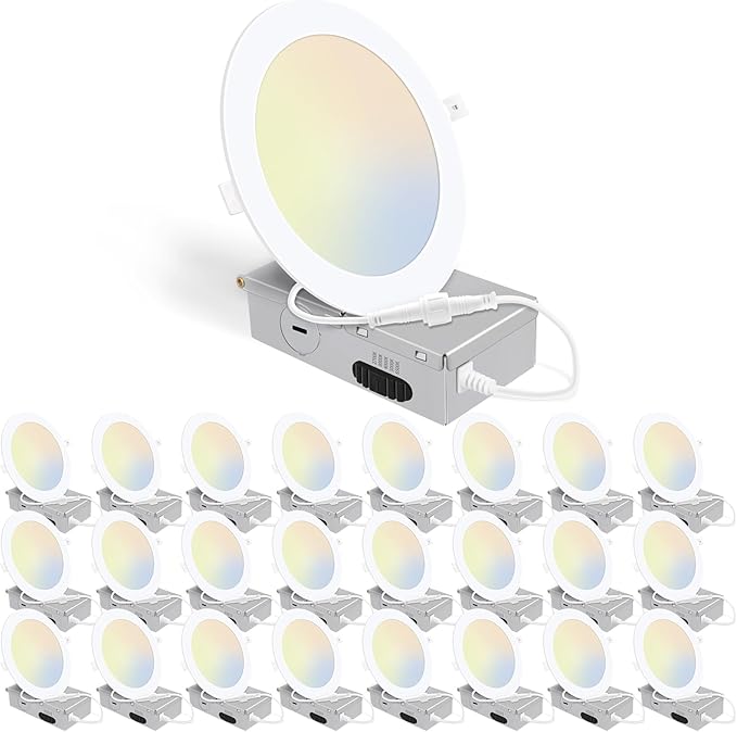 24 Pack 6 Inch 5CCT Ultra-Thin LED Recessed Ceiling Light with Junction Box, 2700K/3000K/4000K/5000K/6500K Selectable, 1050LM Brightness, 12W Eqv 110W, Dimmable Canless Wafer Downlight - ETL & FCC
