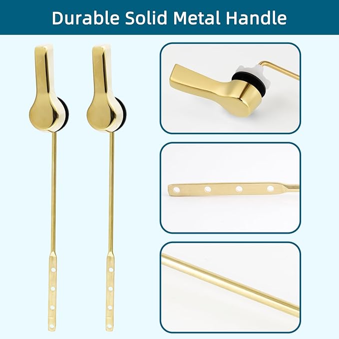 Hygie Rinse 2PCS Metal Toilet Handle Lever Flush Replacement, Universal Front Mount Toilet Handle with Stainless Steel Flapper Chains, Toilet Repair Kit, Shiny Gold