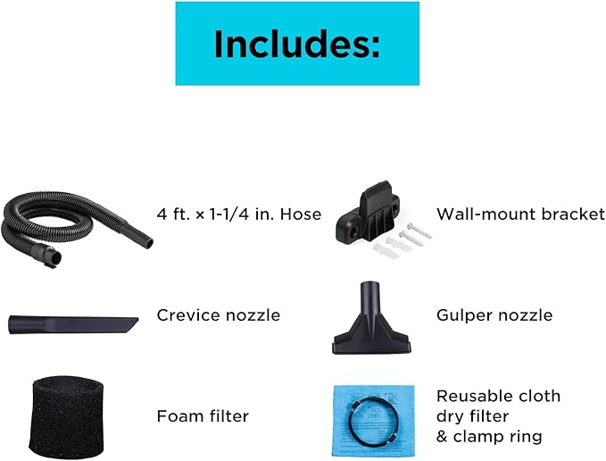 BLACK+DECKER Shop Vacuum Wet and Dry, Small Shop Vac with Accessories, 1 Gallon 1.5 Peak HP, Wall Mount Mini Vacuum for Garage, Home and Pet, 60CFM (BDXV18101P-1H)