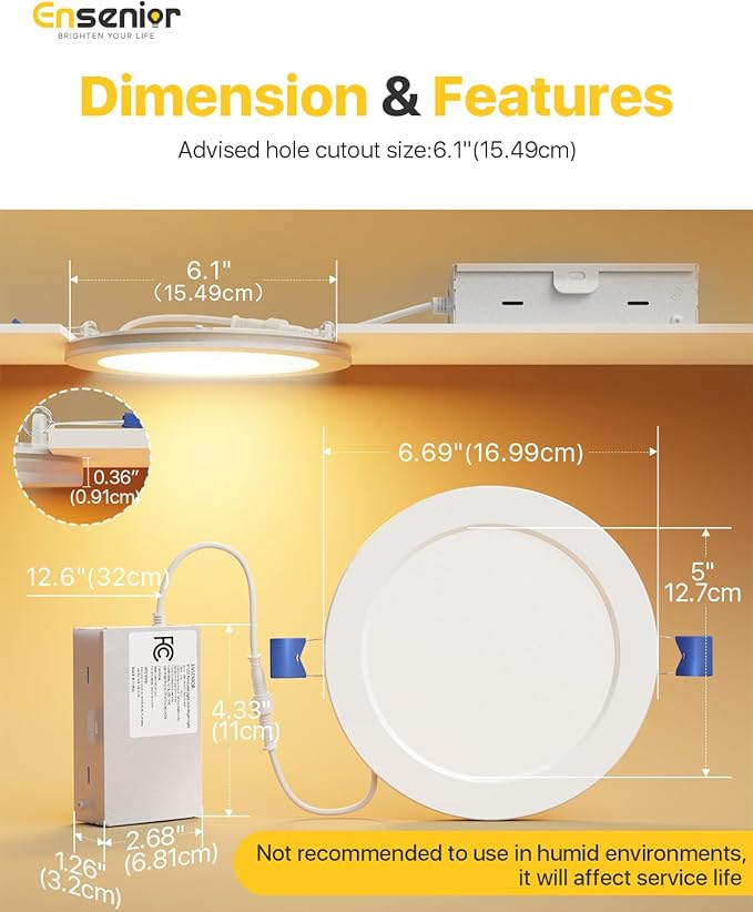 Ensenior 24 Pack 6 Inch LED Recessed Ceiling Light with Night Light, Dimmable, 2700K-5000K 5CCT, 1050LM 12W 120V, High Brightness Canless Wafer Downlight - FCC