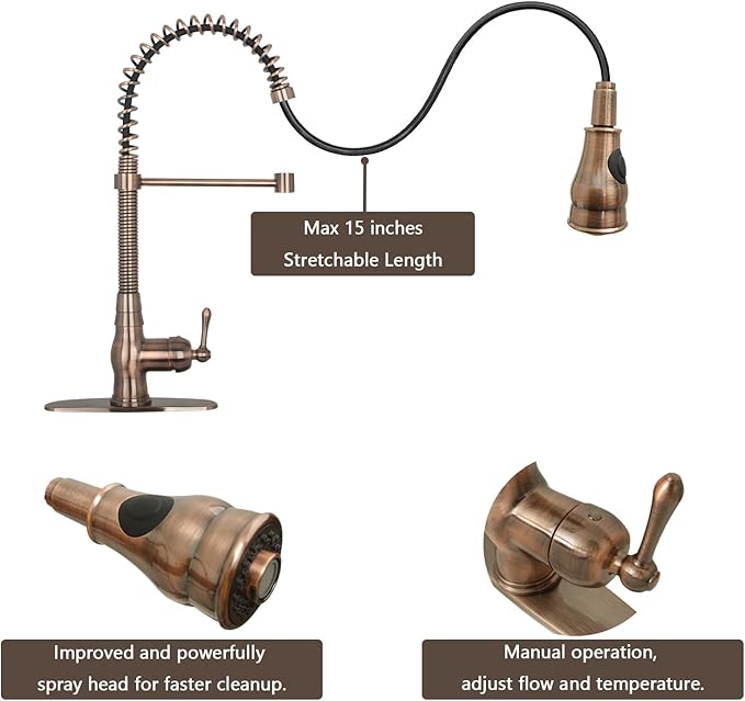 Pre-Rinse Spring Kitchen Faucet, Single Level Solid Brass Kitchen Sink Faucets with Pull Down Sprayer (Antique Copper)