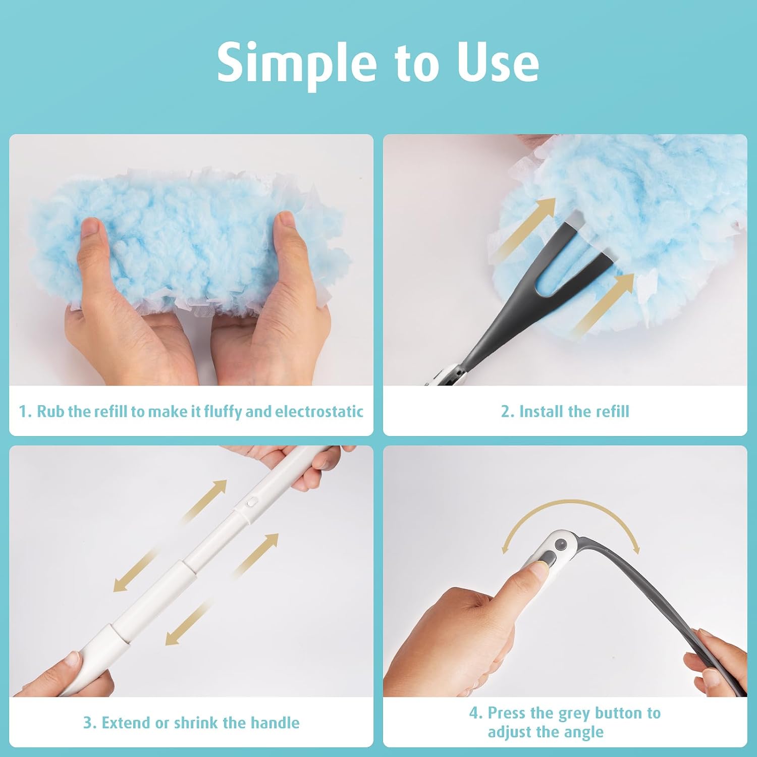 60 Count Heavy Duty Duster Refills with Two 3 ft Extendable Handle Starter Kit, Compatible with Swiffer Disposable Microfiber Feather Dusters for Cleaning Home