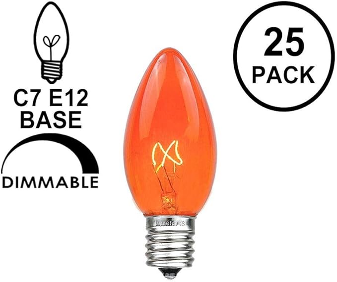 Novelty Lights Incandescent Replacement Bulbs - Outdoor Individual Bulbs for Events, Holiday Parties, Patios, and More - C7/E12 Candelabra Base, 5 Watt Lights (Orange, 25 Pack)