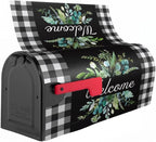Kawani Buffalo Plaid Mailbox Cover - Black & White Plaid with Leaves - Magnetic Welcome - Standard Size 21 x 18 Inches