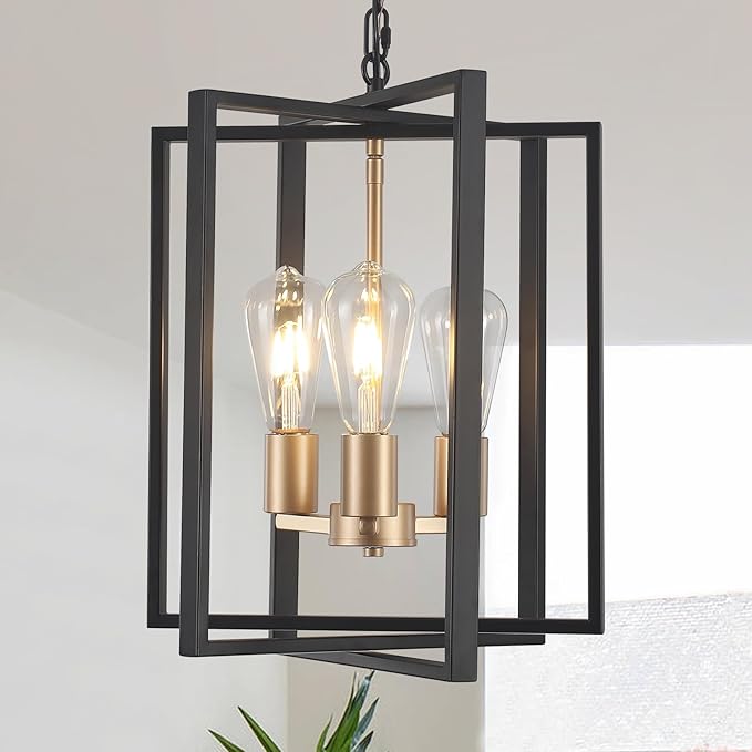 Black Gold Chandelier for Dining Room, Modern Farmhouse 3 Light Entryway Pendant Light Fixture Adjustable Geometric Industrial Rustic Foyer Light for Living Room Kitchen Island Hallway Bedroom