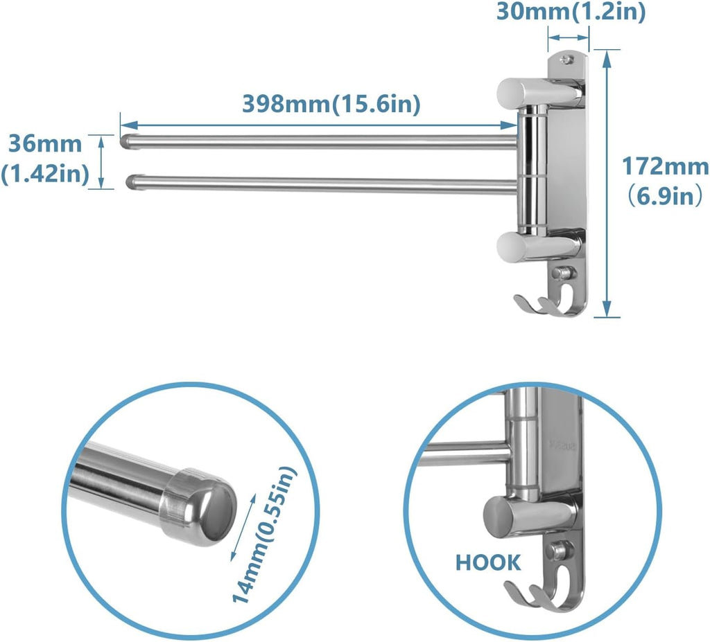 Wall Mounted Towel Rack JSVER 2 Arms Extended Swivel Towel Holder, SUS304 Stainless Steel Towel Racks for Bathroom, Kitchen