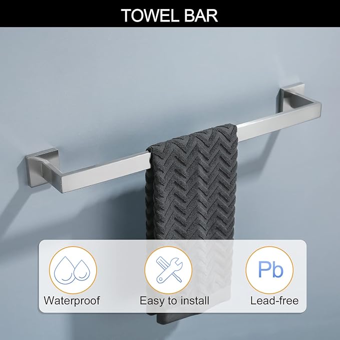 Brushed Nickel Bathroom Towel Bar Set Bathroom Accessories Hardware Set Including Towel Bar Towel Ring Coat Hook and Toilet Paper Holder with Shelf. Wall Mounted Stainless Steel