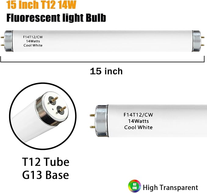 14 Watts F14T12/CW Fluorescent Light Bulb, T12 Liner Fluorescent Tube, 15 Inches Overall Length, T12 14W Cool White Light Color, G13 Bi-Pin Cap, 4 Pack