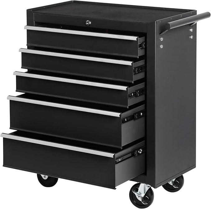 5-Drawer Rolling Tool Chest w/Drawers & Lock, Tool Storage Cabinet with Lockable Wheels, Top Cushion & Drawer Liners, Tool Organizer Box for Garage, Warehouse & Repair Sho