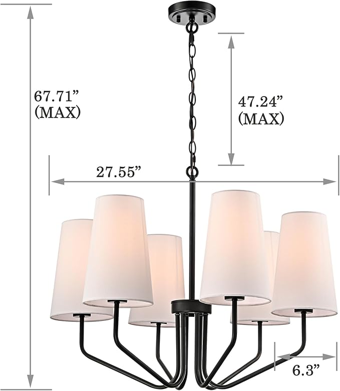 Modern Black Metal Chandelier with Linen Shade 6-Light E26 Adjustable Chandelier for Living Room, Dining Room, Bedroom, Kitchen Island