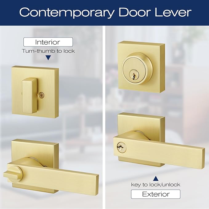 EHOMEWARE 3 Pack Door Handleset with Single Cylinder Deadbolt, Satin Brass Deadbolt, Reversible for Right and Left Side Single Keyed Square Deadbolt Lock Set