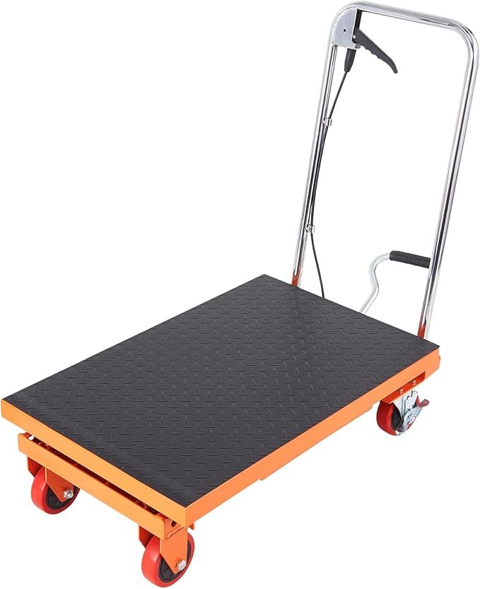 VEVOR Hydraulic Lift Table Cart, 500lbs Capacity 28.5" Lifting Height, Manual Single Scissor Lift Table with 4 Wheels and Non-Slip Pad, Hydraulic Scissor Cart for Material Handling, Orange