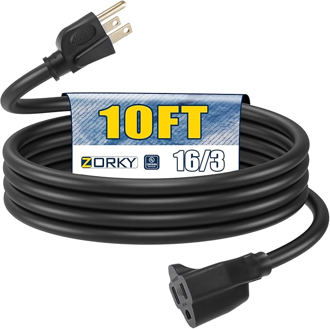 10ft Outdoor Extension Cord - 16/3 Heavy Duty SJTW Waterproof Black Electrical Cable with 3 Prong Grounded Plug for Safety, Great for Lawn and Major Appliances