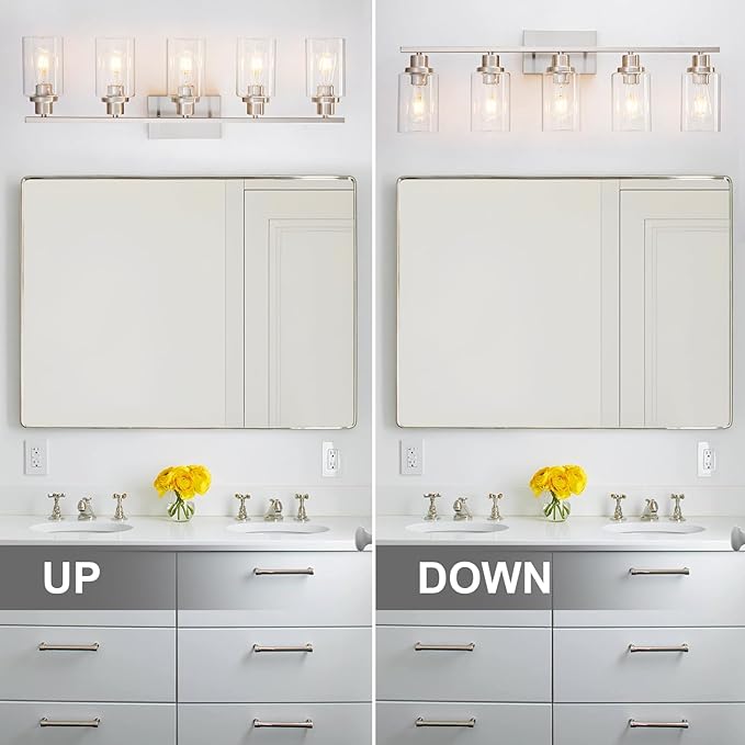 5 Light Bathroom Light Fixtures Brushed Nickel Vanity Light Over Mirror Modern Farmhouse Wall Lighting Sconces Wall Lamp for Bathroom, Bedroom, Living Room E26 Socket with Glass Shade