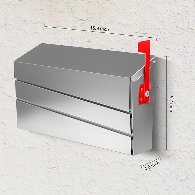 Wall-Mount Mailbox, Brushed Stainless Steel Panel, Rust Resistant Large Capacity House Mailbox, Modern Drop Mailboxes for Outside, Metal Post Box with Flag (No Keys Locking)