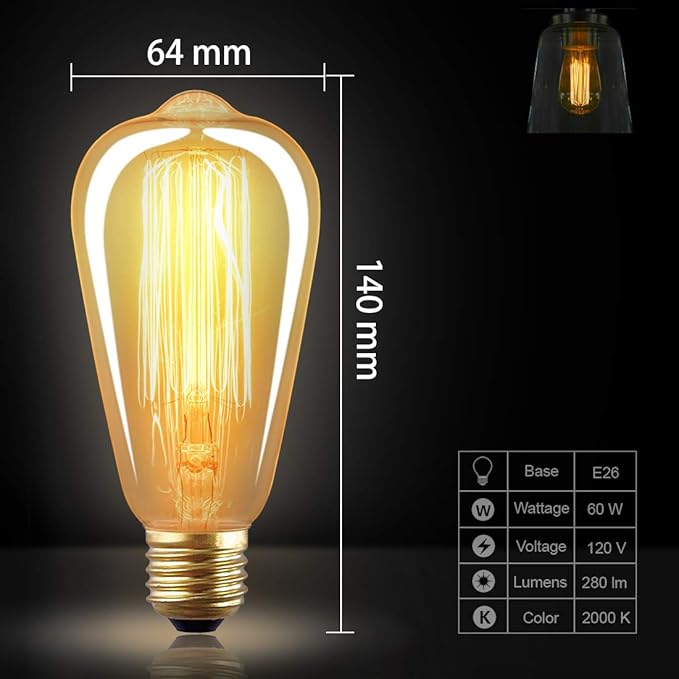 LUXON Edison Bulbs,Antique Vintage Style Incandescent Light Bulbs,Dimmable Amber Warm,60W E26 Base for Wall Sconce Pack of 2