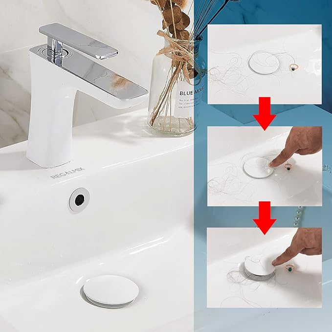 Vessel Sink Drain, Bathroom Faucet Vessel Sink Pop Up Drain Stopper, Built-in Anti-Clogging Strainer, with Overflow White, Fits Standard American Drain Hole(1-1/2" to 1-3/4") RWF083N