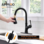 APPASO Black Kitchen Faucet with Pull Down Sprayer Head - Single Handle High Arc Single Hole Pull Out Kitchen Sink Faucets with Deck Plate, Matte Black