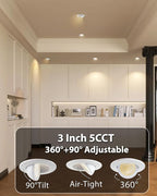 Adetu 3 Inch Gimbal Led Recessed Lighting, 360°+90° Adjustable Directional Recessed Lights, 2700K/3000K/3500K/4000K/5000K Dimmable Retrofit Eyeball Can Lights with Jbox,ETL (White, 12 Pack)