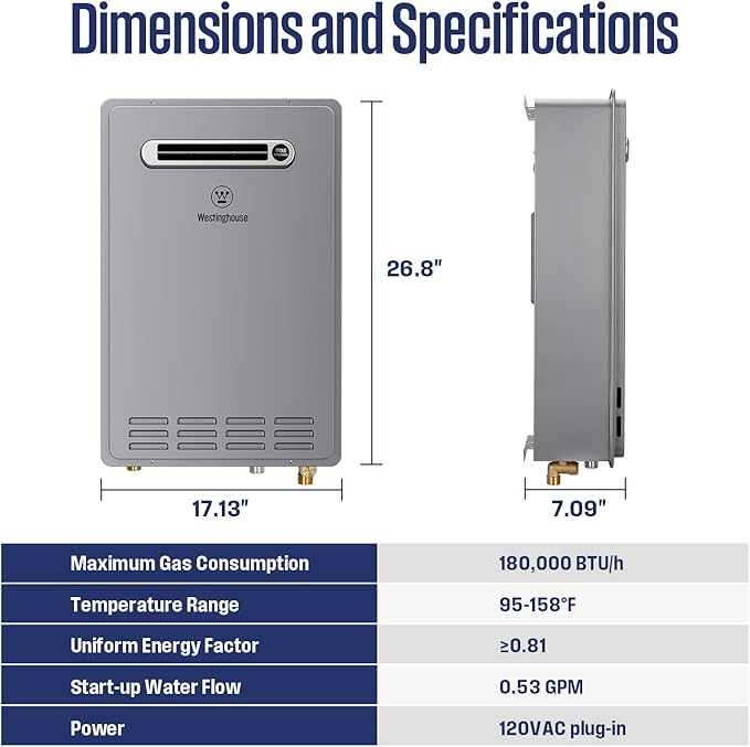 Westinghouse Natural Gas Tankless Water Heater Outdoor Installation Max 8.1 GPM 180,000 BTU, Temp Self Modulating Non Condensing High Efficiency Water Heater for House or Commercial, APOLO Performance