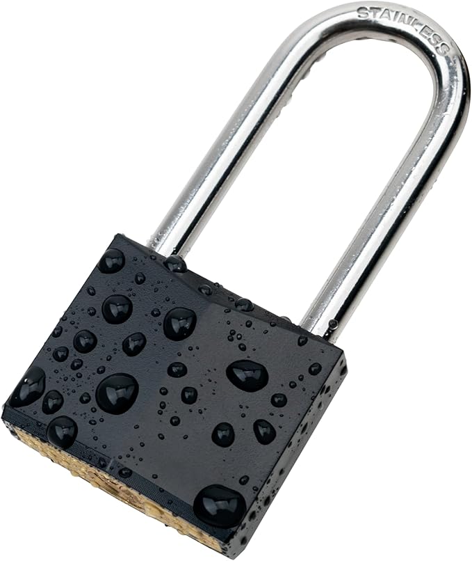 4-Pack Keyed Alike Locks, Black Covered Brass Keyed Padlock with Stainless Steel Long Shackle, 1-9/16 Inch Lock Body, Rustproof Locks for Gate Fence Hasp Cabinet Toolbox Gym or School Locker