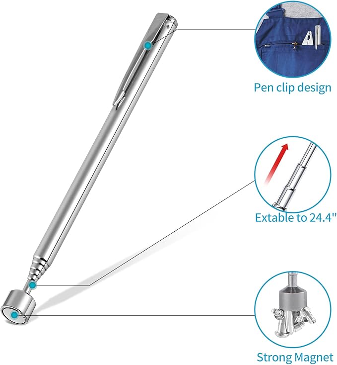 2 Pieces 5LBs Telescoping Magnetic Pickup Tool, with Pen Clip Design, Magnet Stick Rod Extendable 5.7" to 24.4" for Men, Birthday, Father's Day, Christmas Gift