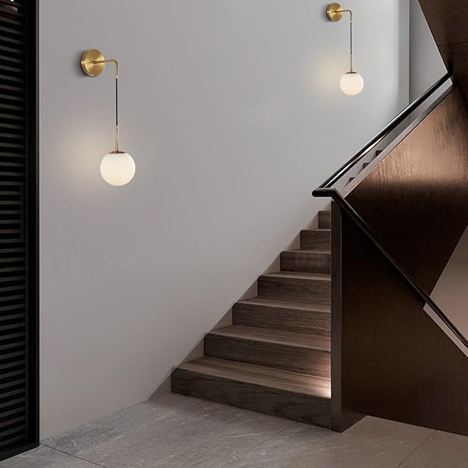 KCO Lighting Frosted White Glass Wall Sconce Set of Two Brass Gold Globe Ball Wall Light Adjustable Cord Industrial Vanity Wall Lamp for Bathroom Mirror Bedside Stairs (White)