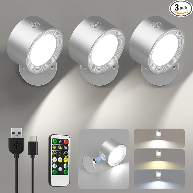 Lightbiz LED Reading Lights, Wall Lights Sconces 3 Pcs with Remote Rechargeable Battery Operated, 3 Color Temperatures & Dimmable Light Magnetic Ball 360°Rotation, Lamps for Study Bedside Closet