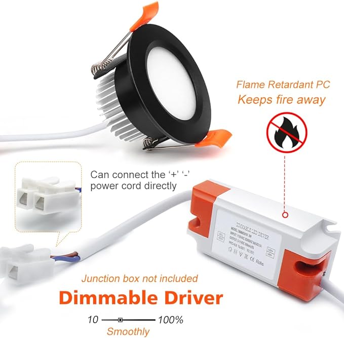 2 Inch LED Downlight, Recessed Lighting Dimmable Ceiling Light, 3W, 3000K Warm White, CRI80 with LED Driver(35W Halogen Equivalent), Black 1 Pack