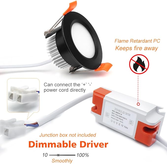 2 Inch LED Downlight, Recessed Lighting Dimmable Ceiling Light, 3W, 5500K Daylight White, CRI80 with LED Driver(35W Halogen Equivalent), Black 4 Pack