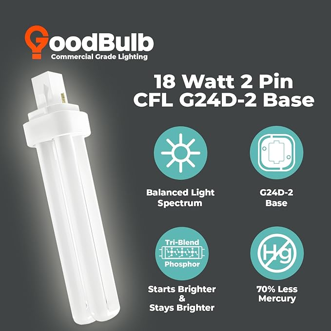 GoodBulb 18 Watt CFL Light Bulbs 2 Pin G24D-2 Base 4100K Cool White 18W High Output 1200 Lumens Double Tube Compact Fluorescent Light Bulbs Plug-in 10 Pack