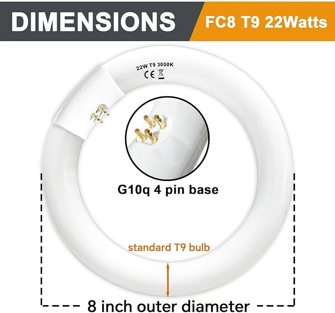 FC12T9/WW 32 Watt and FC8T9/KB 22W Set, 8 inch T9 22W and 12'' 32W Circular Fluorescent Light Bulbs Warm White, Circle Light Bulb 3000K, FC12T8/WW 3500 Lumen G10Q Base