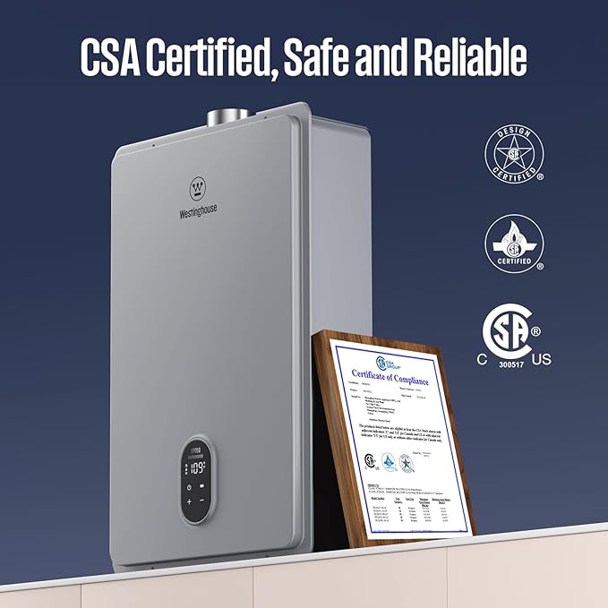 Westinghouse Natural Gas Tankless Water Heater Indoor Installation Max 7.9 GPM 180,000 BTU, WIFI Enable Temp Self Modulating Non Condensing High Efficiency for House or Commercial, APOLO Performance