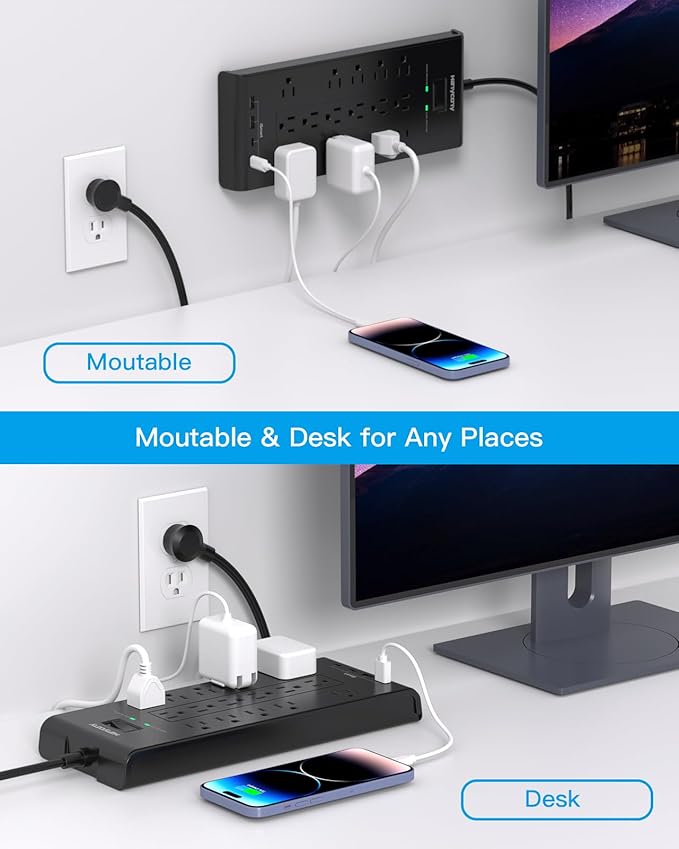 Surge Protector Power Strip, HANYCONY 5 Ft Flat Plug Heavy Duty Extension Cord with 16 Outlets 4 USB Ports(2 USB C), 2700 Joules, Wall Mount for Home Office, ETL Listed, Black