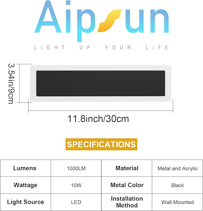 Aipsun 2 Pack Modern Black LED Outdoor Wall Light, 11.8x3.54x1.73 inches, 10W, 1000 Lumen, Warm Light, Waterproof IC Driver, Hardwired, for Porch, Balcony, Yard, Home