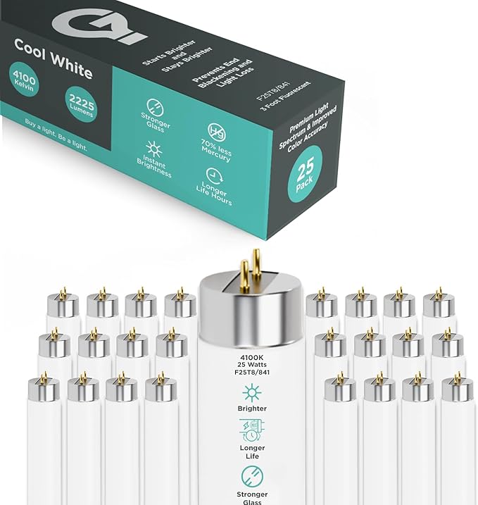 GoodBulb 25-Watt 36 Inch T8 Fluorescent Light Bulb 4100K Cool White Medium Bi-Pin Base 2225 Lumens 86 CRI 36000 Life Hours Instant/Programmed Start Pack of 25 Bulbs