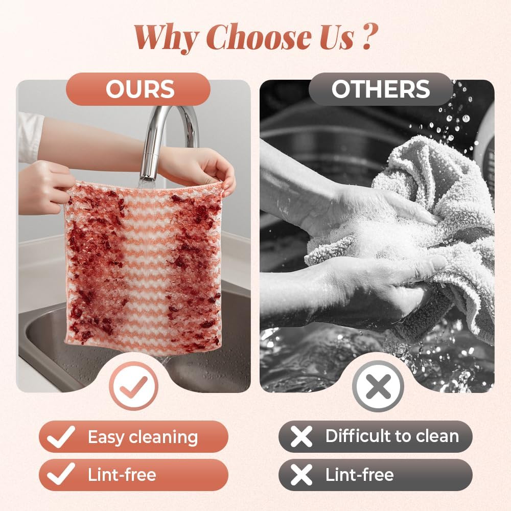 Coral Fleece Striped Rag Cleaning Dish Cloth, Reusable and Washable Microfiber Cleaning Rag, Absorbent Streak Free Lint Free Rags, Kitchen Clean Towels for Scrubs Dishes, Sinks Cleans (Pink, 10PCS)